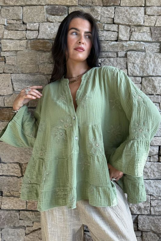 Santos Cotton Zahra Embroidered Smock Olive /5=